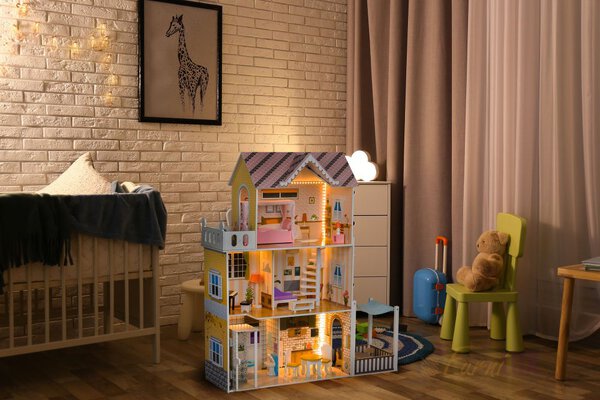 Drewniany domek dla lalek mebelki + oświetlenie Led