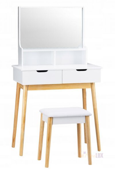 Toaletka kosmetyczna biurko z lustrem + taboret "Midwood" - biała z sosnowymi nogami